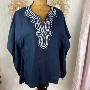 Talbots Blue Linen Embroidered Tunic Top Sz M